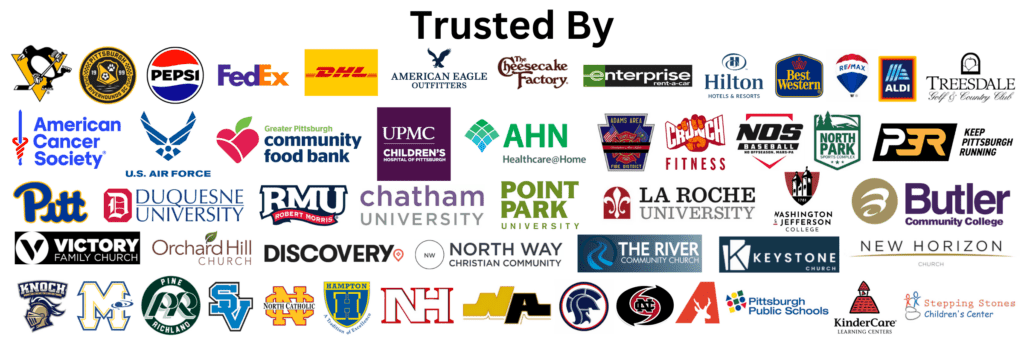 Logos of businesses, schools, churches, universities, and nonprofit organizations that partner with All About Fun Party Rentals for bounce house rentals in Pittsburgh, PA.