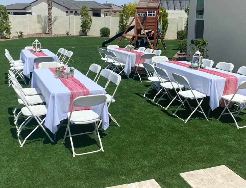 Sturdy and stylish table and chair rentals set up for an event in Zelienople, PA.